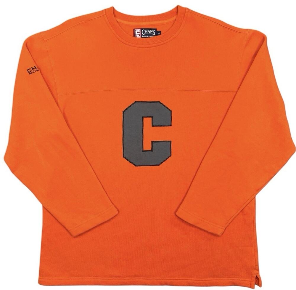 Vtg 90s Chaps Ralph Lauren Sweatshirt Mens M Orange Varsity Block Letter C Patch